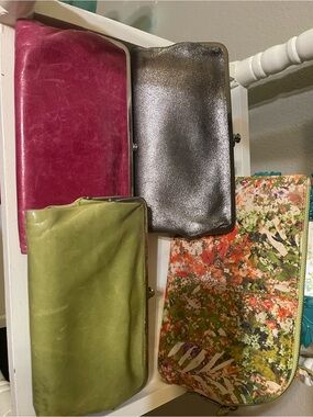 HOBO Leather Clutch Trio in Fuchsia, Metallic Silver & Olive